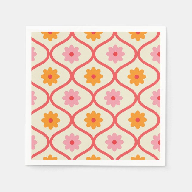 Retro orange und rosa Blumen auf Ogee-Muster  Serviette (Vorderseite)