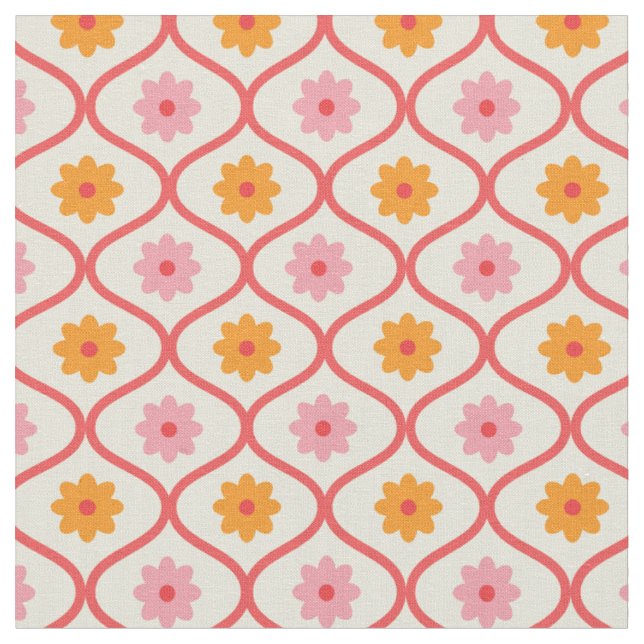 Retro orange und rosa Blumen auf Ogee-Muster Stoff (Nahaufnahme)