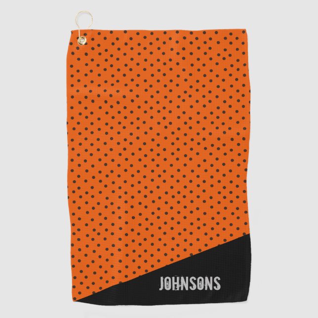 Retro-Orange- und Schwarzpolka-Punkte für Monogram Golfhandtuch (Vorderseite)