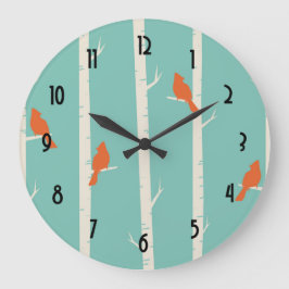 Retro orange Vögel auf Birken-Baum-Illustration Große Wanduhr