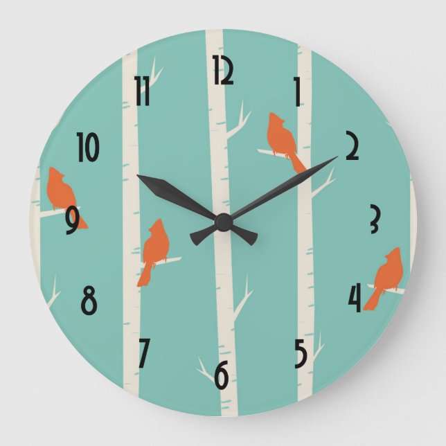 Retro orange Vögel auf Birken-Baum-Illustration Große Wanduhr (Vorderseite)