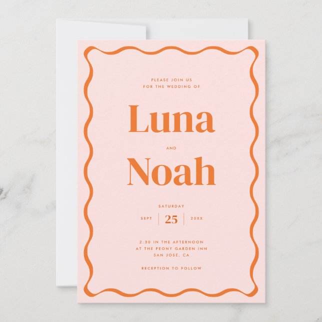 Retro Orange Wavy Red Wedding Einladung (Vorderseite)