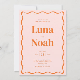 Retro Orange Wavy Red Wedding Einladung