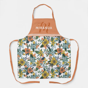 Retro Orange Yellow Blue Floral Muster Monogramm Schürze