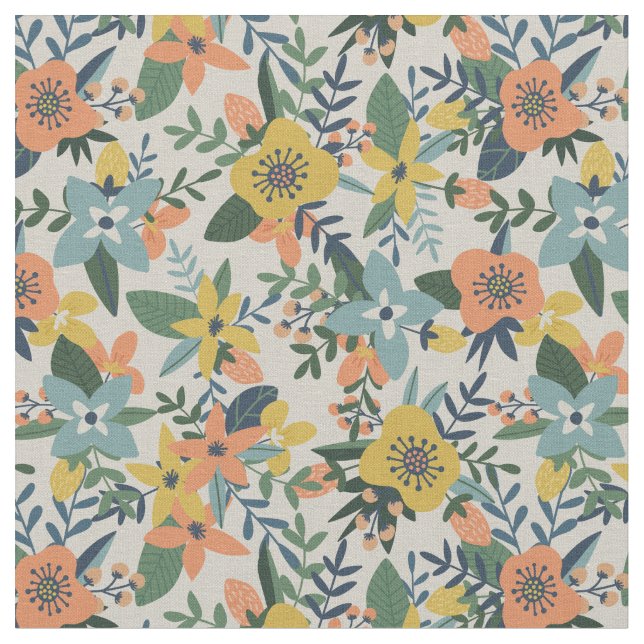 Retro Orange Yellow Blue Floral Muster Stoff (Nahaufnahme)