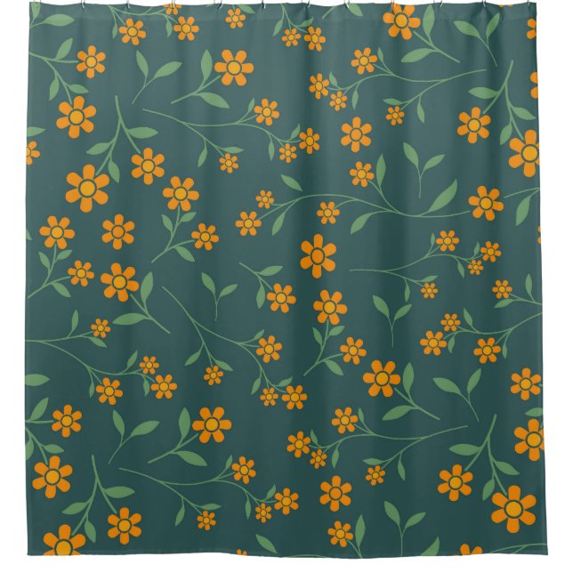 Retro-Orangen-Blumen-Dunkelteal-Muster Duschvorhang (Vorderseite)