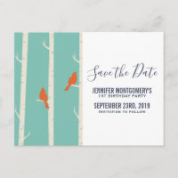 Retro Orangen Vögel auf Birken Save the Date