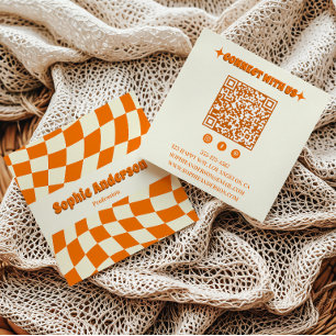 Retro-Orangen-Wellen-Karo mit QR-Code Quadratische Visitenkarte