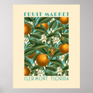 Retro Orangenblüten Obstmarkt Blau Poster