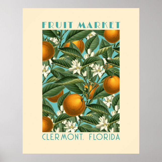 Retro Orangenblüten Obstmarkt Blau Poster (Vorne)