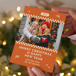 Retro-Orangenes Frohe Weihnachten Familienfoto