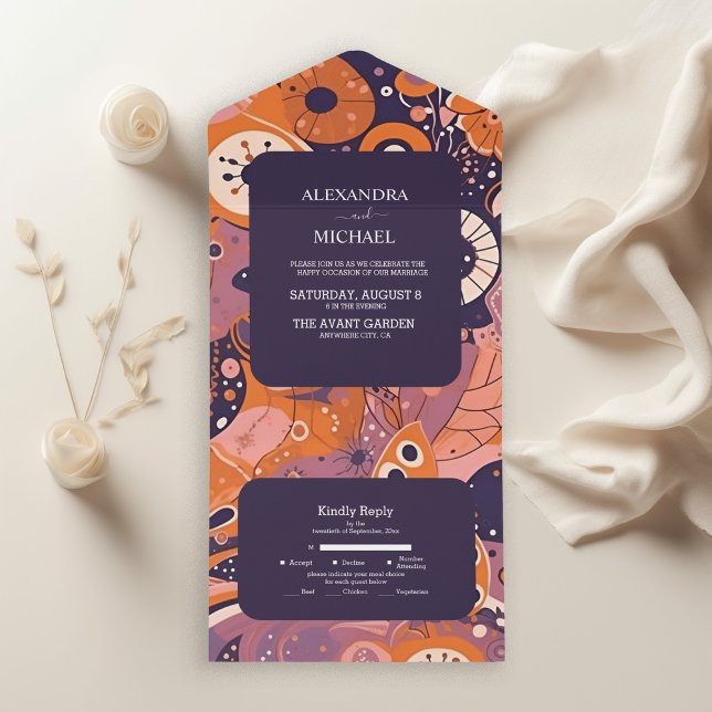 Retro-Orangenrösche Rosa lila Hochzeit All In One Einladung (Von Creator hochgeladen)