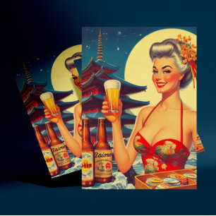 Retro Oriental Beer Girl Postkarte