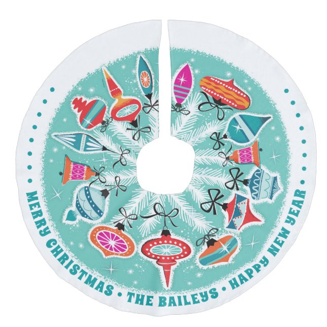 Retro Ornamente Individuelle Name in Aqua Leinenimitat Weihnachtsbaumdecke (Vorderseite)