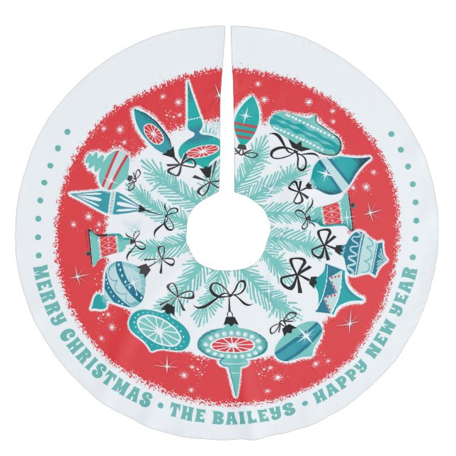 Retro Ornaments Treppenhaus mit Individuelle Name Polyester Weihnachtsbaumdecke (Vorderseite)