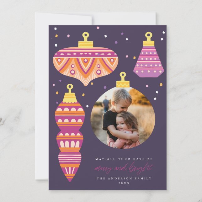 Retro Ornamnet Holiday Foto Card Einladung (Vorderseite)