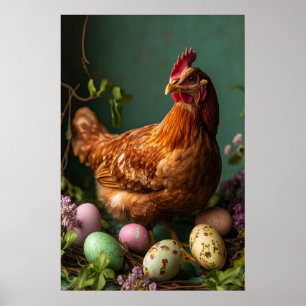 Retro-Osterhennen-Druck, Florale Frühlings-Nursery Poster