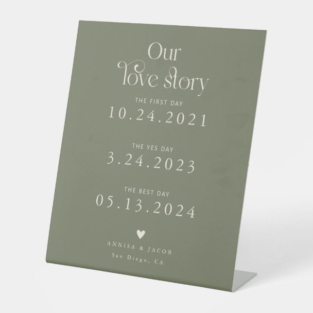 Retro Our Love Story Sage Green Wedding Timeline Sockelschild (Vorderseite)