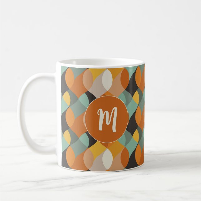 Retro Oval Formen Orange Aquamarin Gold Monogramm Kaffeetasse (Links)