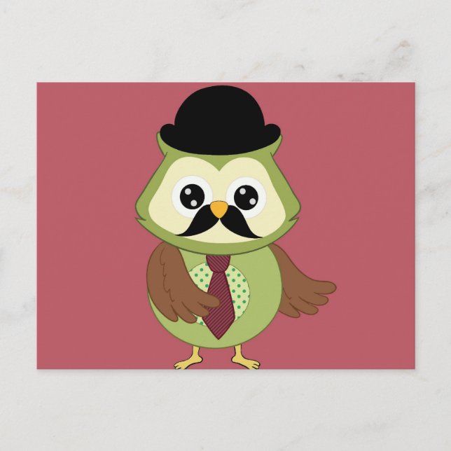 Retro Owl mit Hut, Krawatte und Mustache Postkarte (Vorderseite)