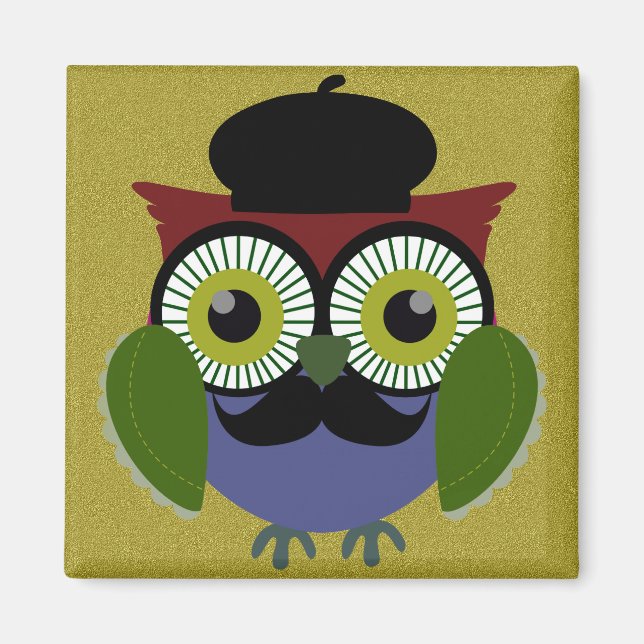 Retro Owl mit Mustache Magnet (Vorne)