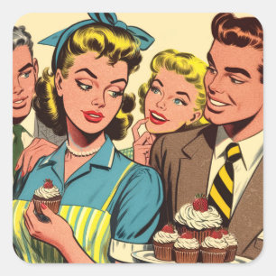 Retro-Paar-Cupcake-Comics Quadratischer Aufkleber
