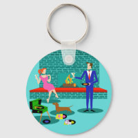 Retro-Paar mit Dog Button-Schlüsselanhänger