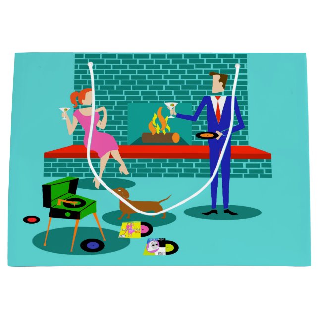 Retro-Paar mit Dog-Geschenkbeutel Große Geschenktüte (Vorderseite)