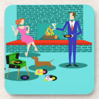 Retro-Paar mit Hunde-Hartkunststoff-Untersetzer