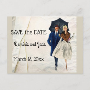 Retro Paare mit Regenschirm Save the Date Ankündigungspostkarte