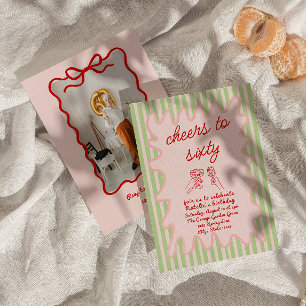 Retro Painted 60. Rosa Red Stripes Foto Geburtstag Einladung