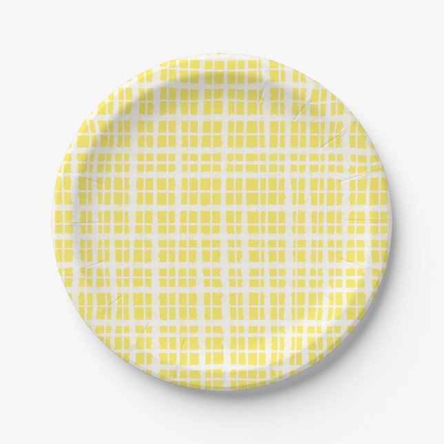 Retro Painted Gingham Kariertes Muster Hellgelb Pappteller (Vorderseite)