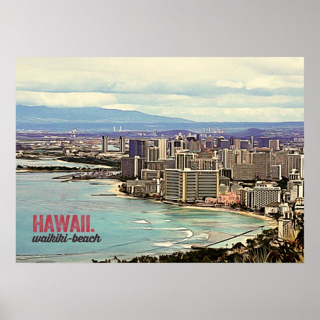 Retro Painting Hawaii Waikiki Beach Poster (Vorne)