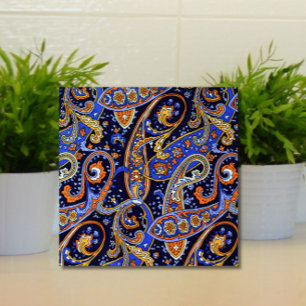 Retro Paisley Muster Blau Orange Farben Fliese