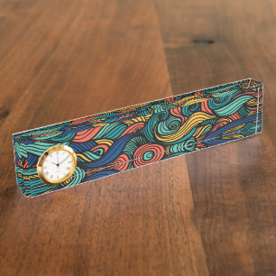 Retro-Paisley-Wellen-Schreibtisch-Schild-Uhr Namensplakette