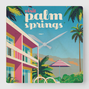 Retro Palm Springs Hotel Quadratische Wanduhr