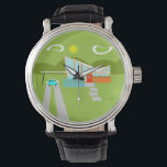 Retro Palm Springs House Black Leather Watch Armbanduhr<br><div class="desc">Dieses Retro Palm Springs House mit Car Black Leather Watch ist ein moderner Liebhaber aus der Mitte des Jahrhunderts. Das minimalistische Kunstdesign besticht durch ein elegantes Orange- und Glashaus mit einem stark abfallenden Dach aus Markierungsform. Die rote Tür hebt den orangefarbenen Steinplaner, der mit Grünpflanzen gefüllt ist, und den dekorativen,...</div>