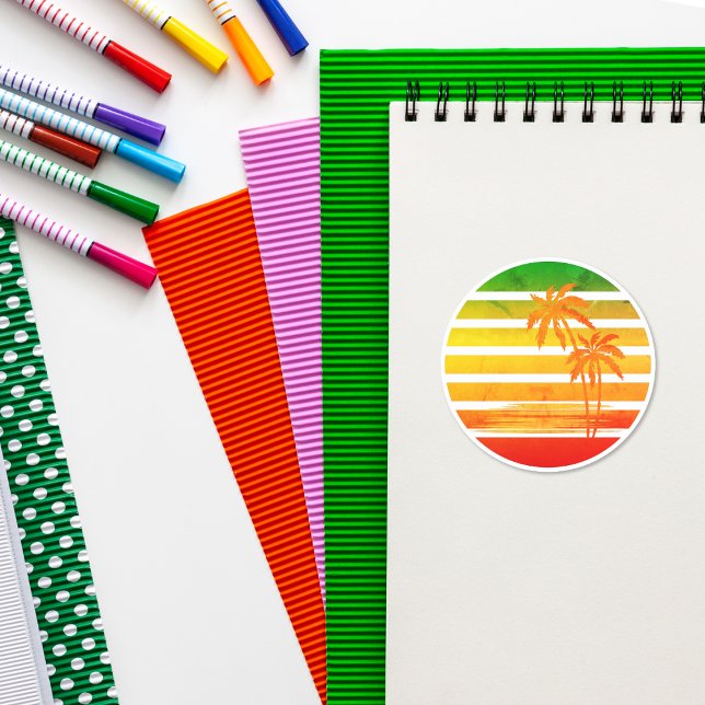 Retro Palm Tree Sunset Classic Round Sticker (Von Creator hochgeladen)