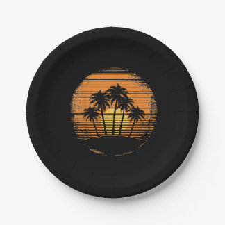 Retro Palm Tree Sunset Summer Beach Vintage Tropic Pappteller