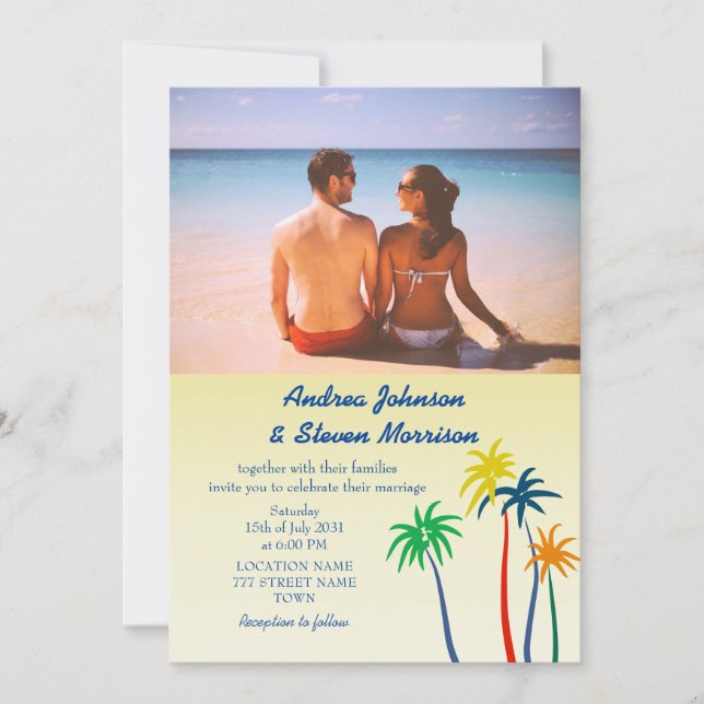 Retro Palm Tree Tropical Beach Hochzeit Einladung (Vorderseite)