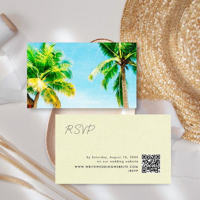 Retro Palm Trees Beach Hochzeitungs-UAWG QR-Code Begleitkarte (Von Creator hochgeladen)
