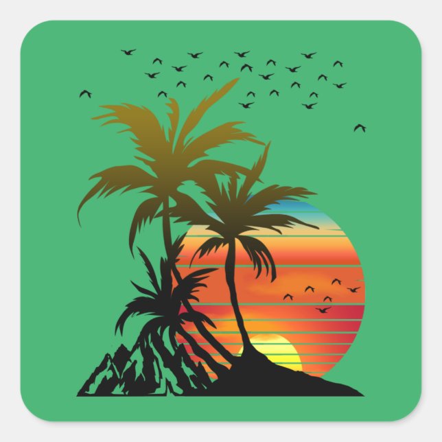 Retro Palm Trees Mountain Sunset Quadratischer Aufkleber (Vorderseite)