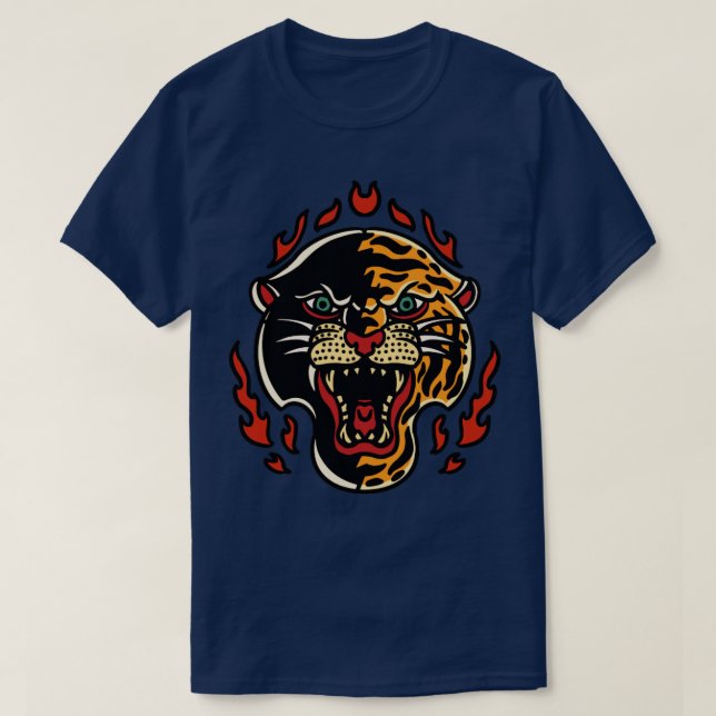 Retro Panther Tiger Head mit Flammen T-Shirt (Design vorne)