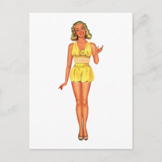Retro-Papierpuppe Dame in Gelb gekleidet Postkarte