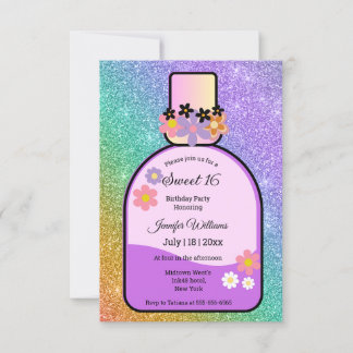 Retro Parfüm Flasche süß 16 holografische Glitzer Einladung