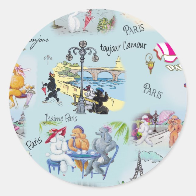 Retro Paris Poodle Collage Runder Aufkleber (Vorderseite)