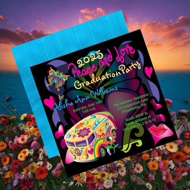 Retro-Partei für Frieden und Liebe Einladung (Retro Sixties Peace and Love Graduation Party Invitation - Print and/or Digital Download)