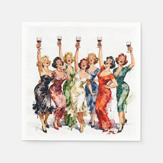 Retro-Party-Damen mit Rotwein Serviette (Vorderseite)