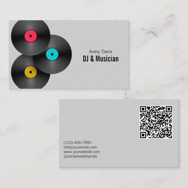 Retro-Party-DJ-Deejay-Vinyl-Schallplatte-QR-Code Visitenkarte (Vorne/Hinten)