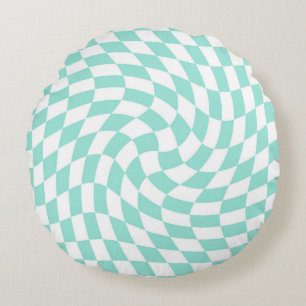 Retro Pastel Blauer, weißer, verschleierter Karo g Rundes Kissen